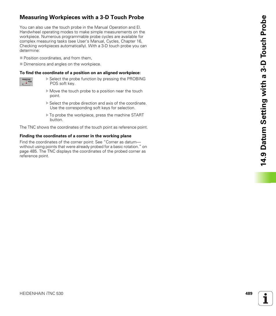 Measuring workpieces with a 3-d touch probe, 9 d a tu m set ting with a 3-d t o uc h pr obe | HEIDENHAIN iTNC 530 (606 42x-01) ISO programming User Manual | Page 489 / 618