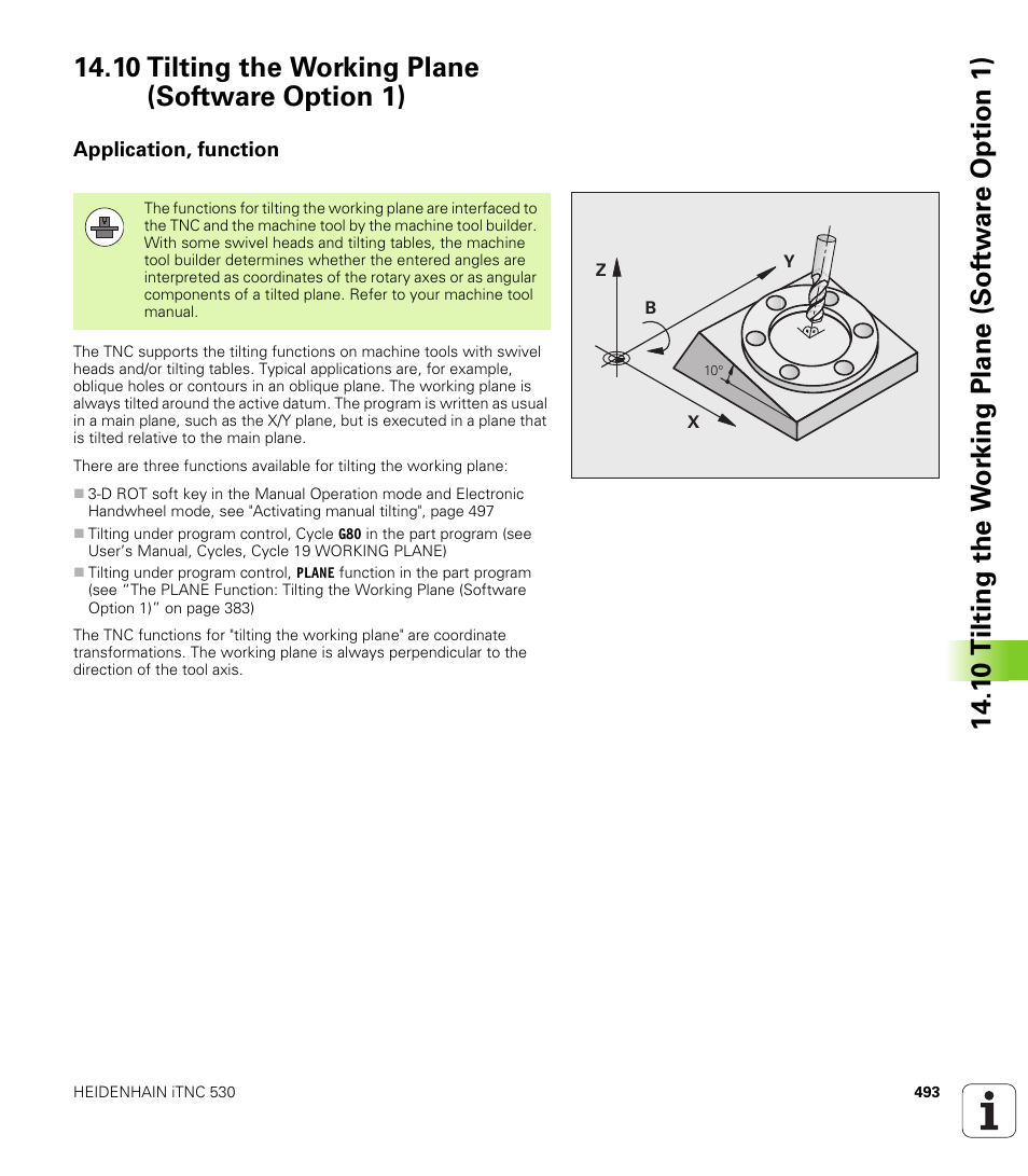 10 tilting the working plane (software option 1), Application, function | HEIDENHAIN iTNC 530 (606 42x-01) ISO programming User Manual | Page 493 / 618
