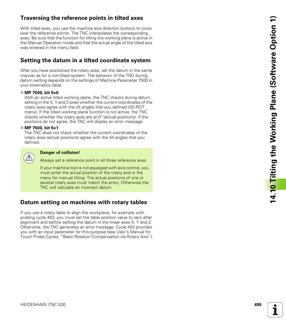 Traversing the reference points in tilted axes, Setting the datum in a tilted coordinate system, Datum setting on machines with rotary tables | HEIDENHAIN iTNC 530 (606 42x-01) ISO programming User Manual | Page 495 / 618