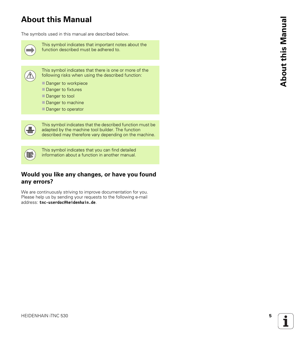 About this manual | HEIDENHAIN iTNC 530 (606 42x-01) ISO programming User Manual | Page 5 / 618