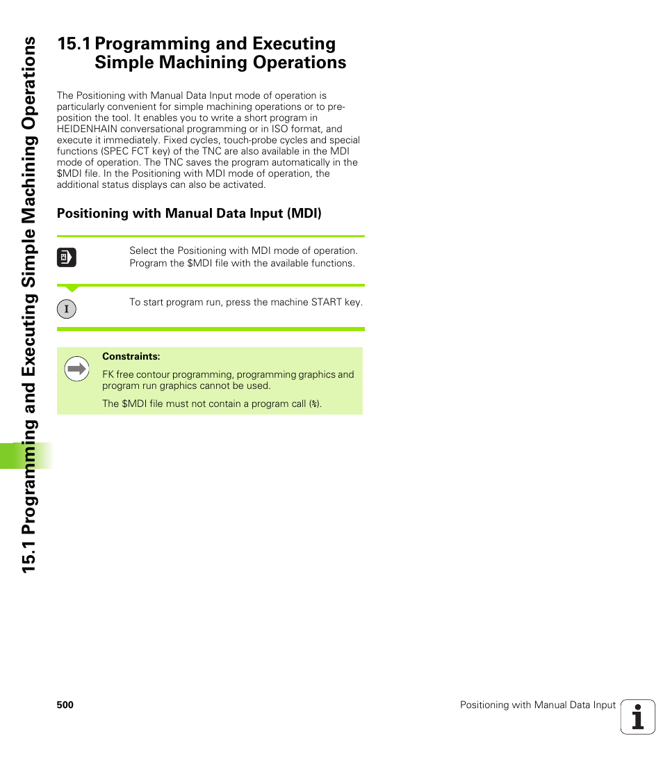 Positioning with manual data input (mdi) | HEIDENHAIN iTNC 530 (606 42x-01) ISO programming User Manual | Page 500 / 618