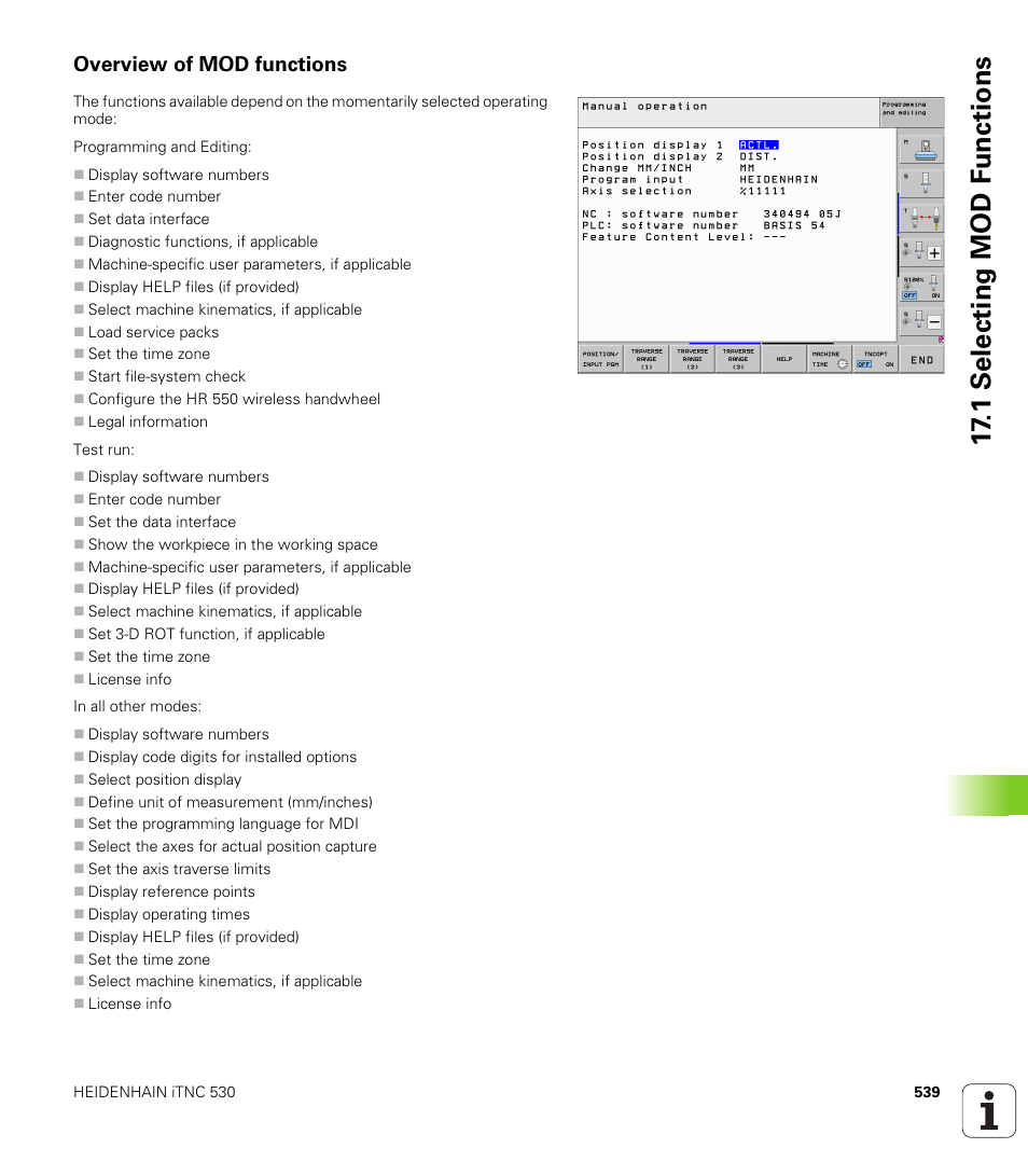 Overview of mod functions, 1 selecting mod f unctions | HEIDENHAIN iTNC 530 (606 42x-01) ISO programming User Manual | Page 539 / 618