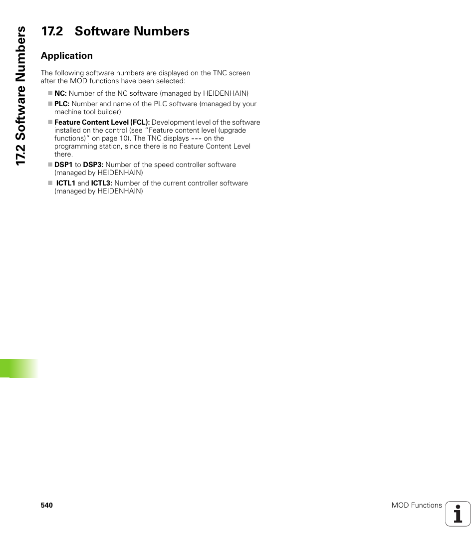 2 software numbers, Application, 2 sof tw a re numbers 17.2 software numbers | HEIDENHAIN iTNC 530 (606 42x-01) ISO programming User Manual | Page 540 / 618