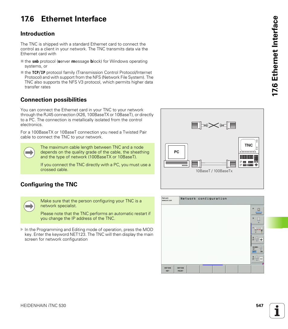6 ethernet interface, Introduction, Connection possibilities | Configuring the tnc, 6 ether n et int e rf ace 17.6 ethernet interface | HEIDENHAIN iTNC 530 (606 42x-01) ISO programming User Manual | Page 547 / 618