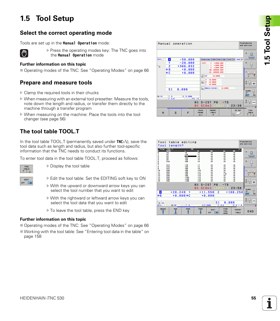 5 tool setup, Select the correct operating mode, Prepare and measure tools | The tool table tool.t | HEIDENHAIN iTNC 530 (606 42x-01) ISO programming User Manual | Page 55 / 618