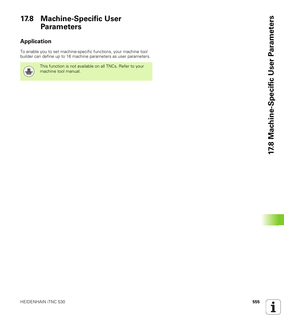 8 machine-specific user parameters, Application | HEIDENHAIN iTNC 530 (606 42x-01) ISO programming User Manual | Page 555 / 618