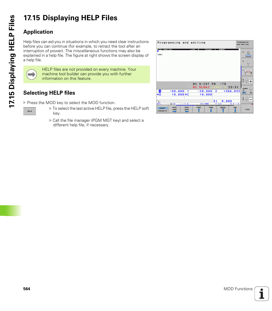 15 displaying help files, Application, Selecting help files | HEIDENHAIN iTNC 530 (606 42x-01) ISO programming User Manual | Page 564 / 618