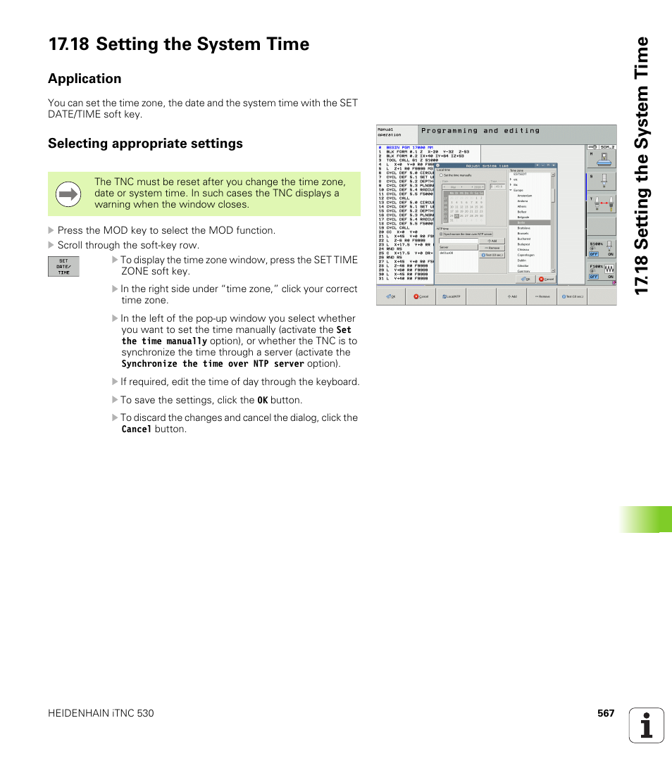 18 setting the system time, Application, Selecting appropriate settings | HEIDENHAIN iTNC 530 (606 42x-01) ISO programming User Manual | Page 567 / 618