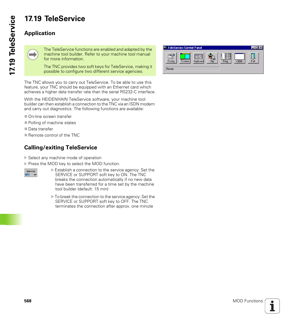 19 teleservice, Application, Calling/exiting teleservice | HEIDENHAIN iTNC 530 (606 42x-01) ISO programming User Manual | Page 568 / 618