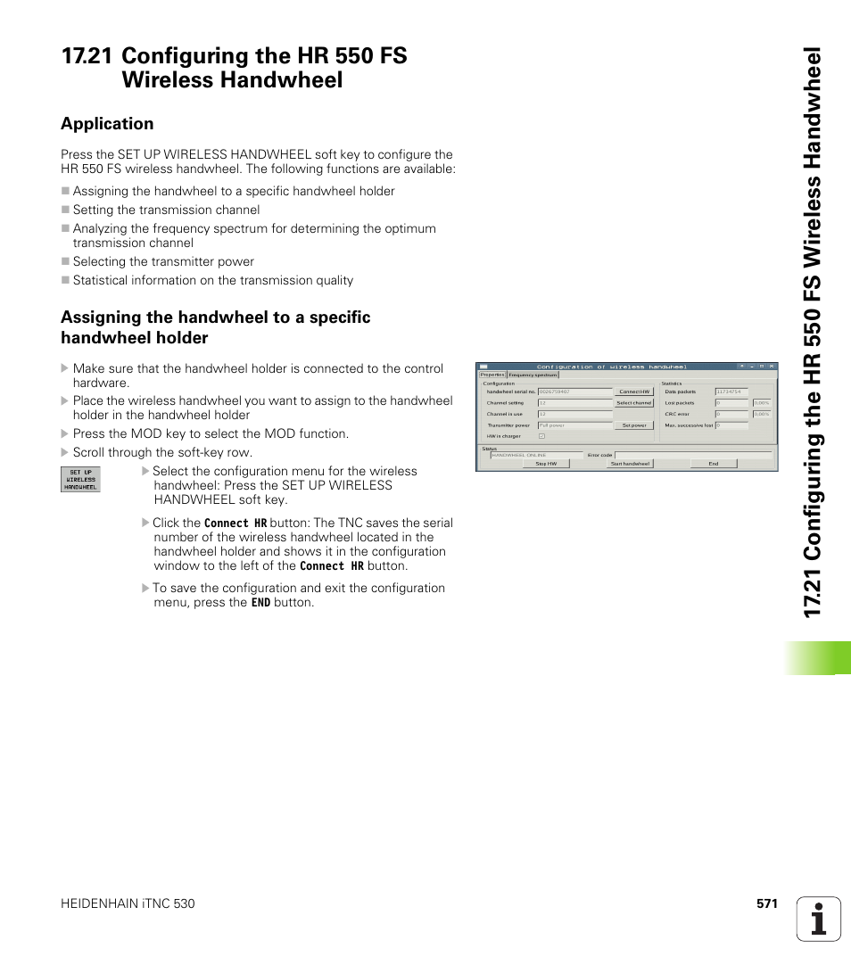 21 configuring the hr 550 fs wireless handwheel, Application | HEIDENHAIN iTNC 530 (606 42x-01) ISO programming User Manual | Page 571 / 618