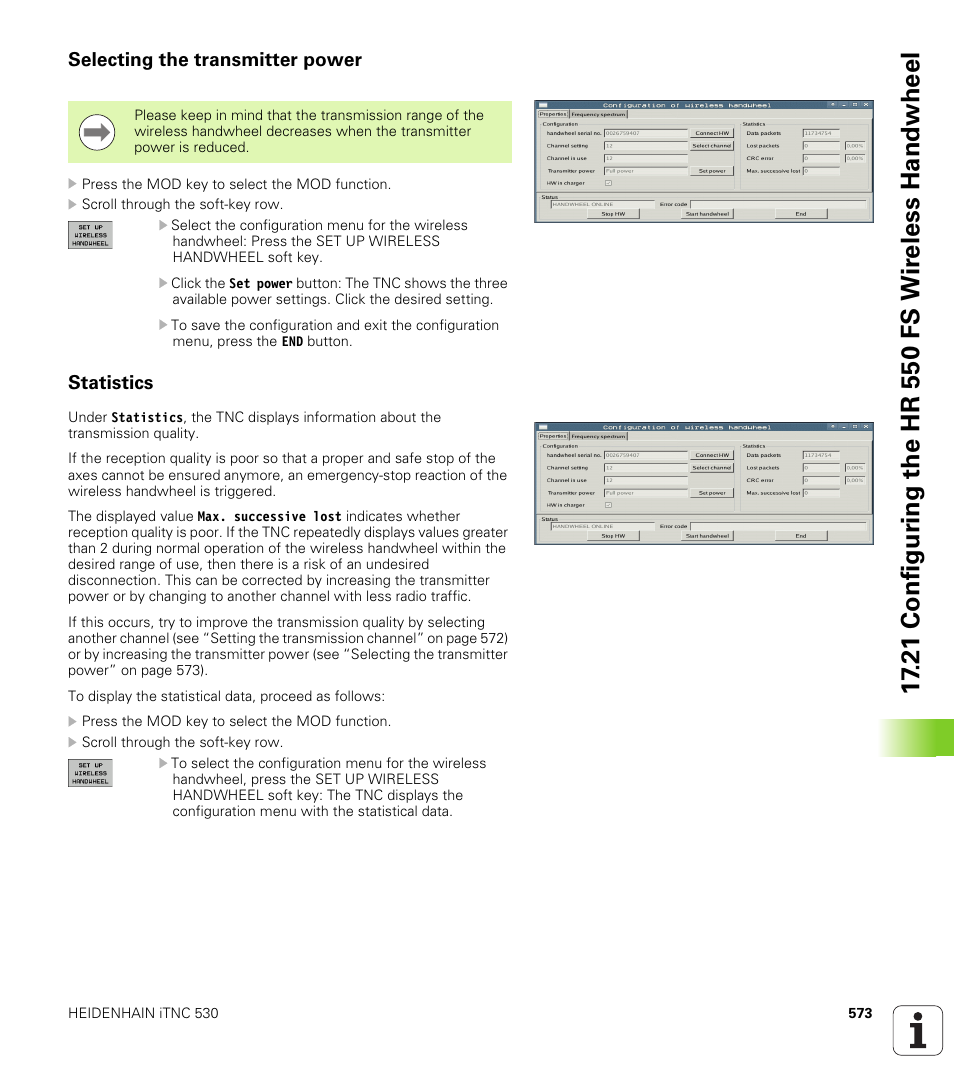 Selecting the transmitter power, Statistics | HEIDENHAIN iTNC 530 (606 42x-01) ISO programming User Manual | Page 573 / 618
