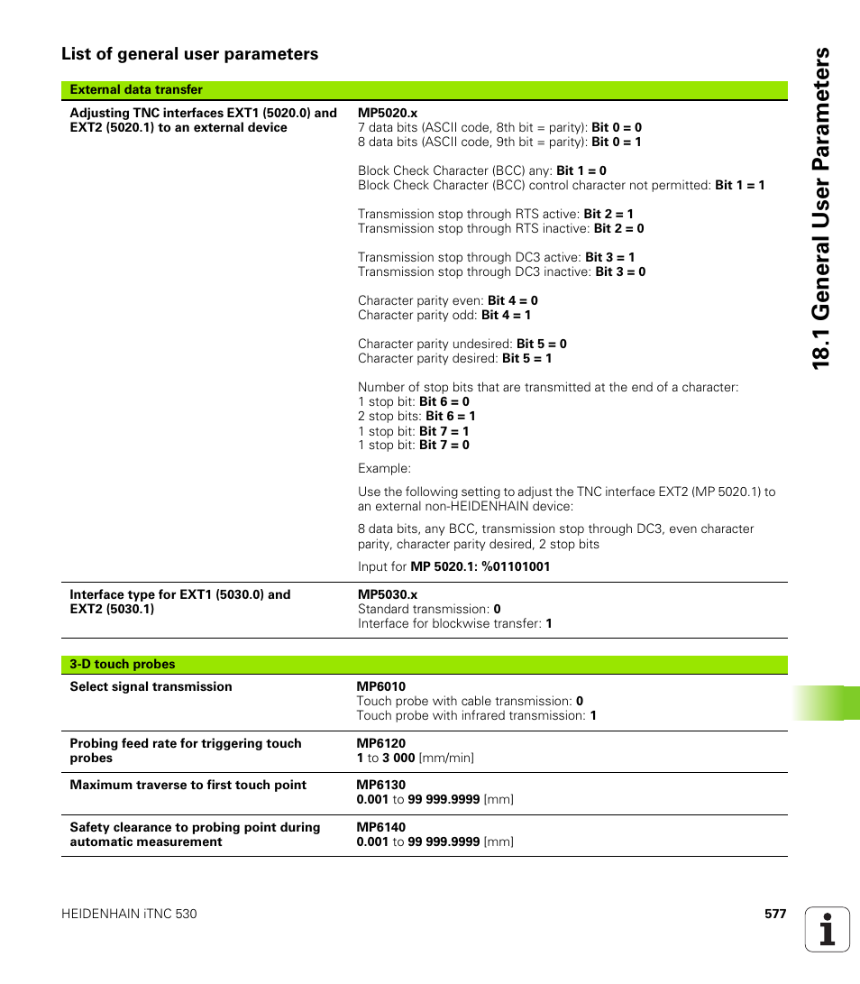 List of general user parameters, 18 .1 gener a l user p a ra met e rs | HEIDENHAIN iTNC 530 (606 42x-01) ISO programming User Manual | Page 577 / 618