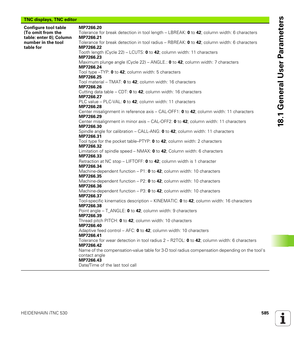 18 .1 gener a l user p a ra met e rs | HEIDENHAIN iTNC 530 (606 42x-01) ISO programming User Manual | Page 585 / 618