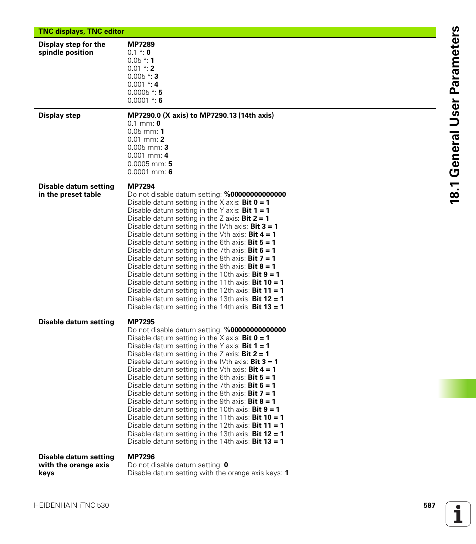18 .1 gener a l user p a ra met e rs | HEIDENHAIN iTNC 530 (606 42x-01) ISO programming User Manual | Page 587 / 618