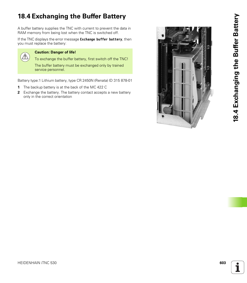 4 exchanging the buffer battery | HEIDENHAIN iTNC 530 (606 42x-01) ISO programming User Manual | Page 603 / 618