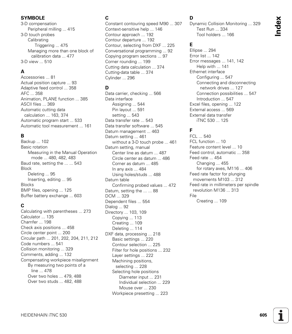 Index | HEIDENHAIN iTNC 530 (606 42x-01) ISO programming User Manual | Page 605 / 618