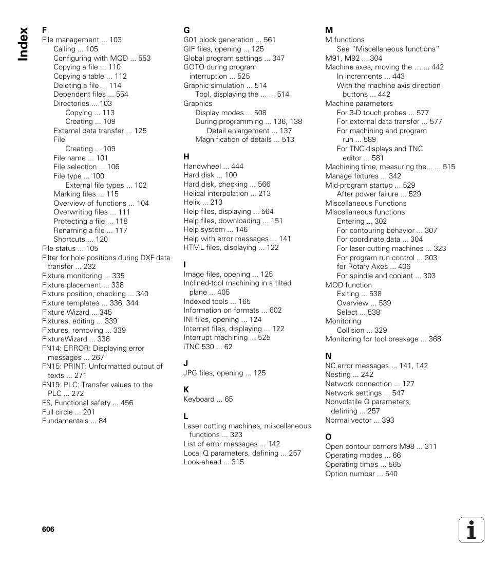 Index | HEIDENHAIN iTNC 530 (606 42x-01) ISO programming User Manual | Page 606 / 618