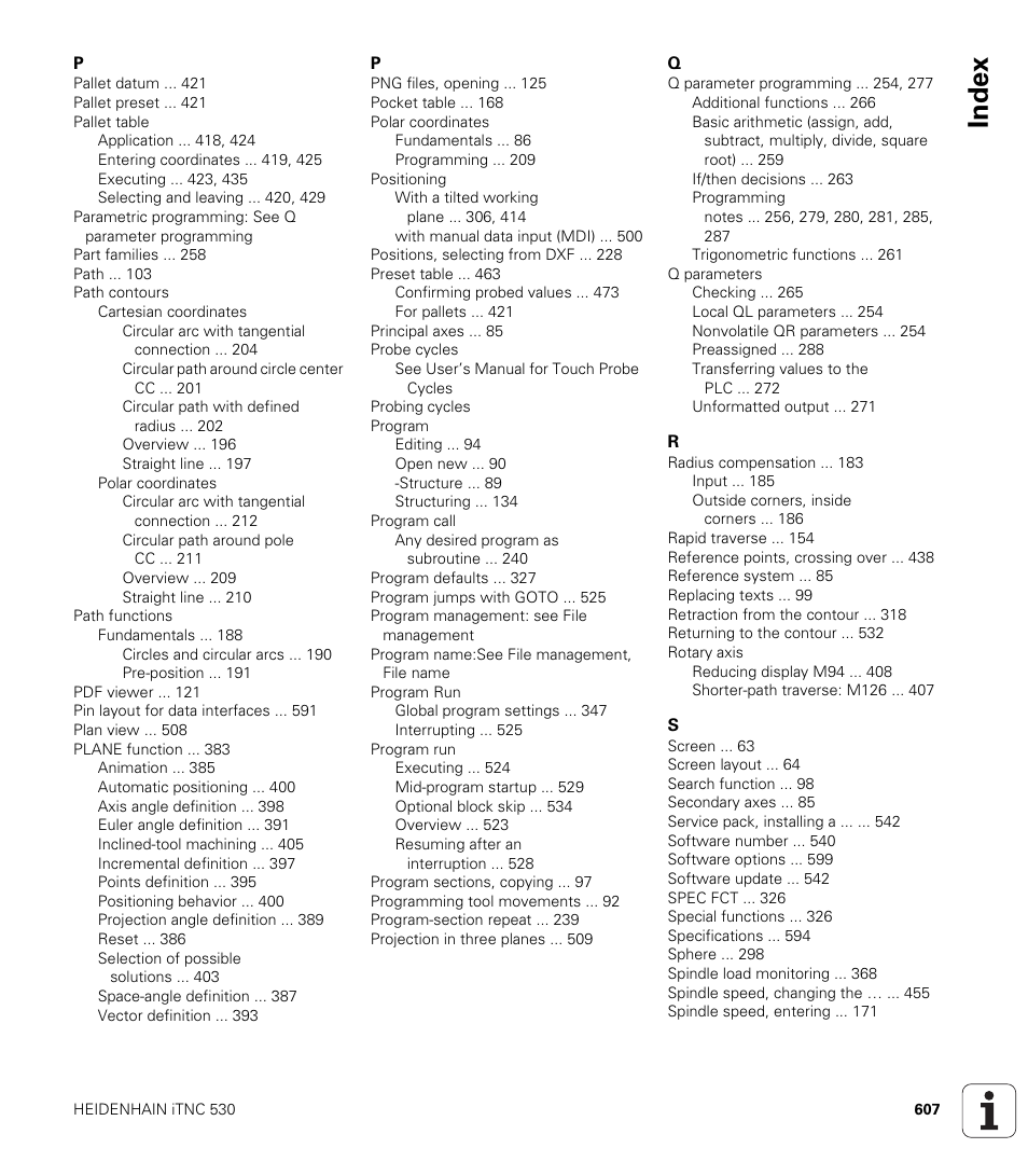 Index | HEIDENHAIN iTNC 530 (606 42x-01) ISO programming User Manual | Page 607 / 618