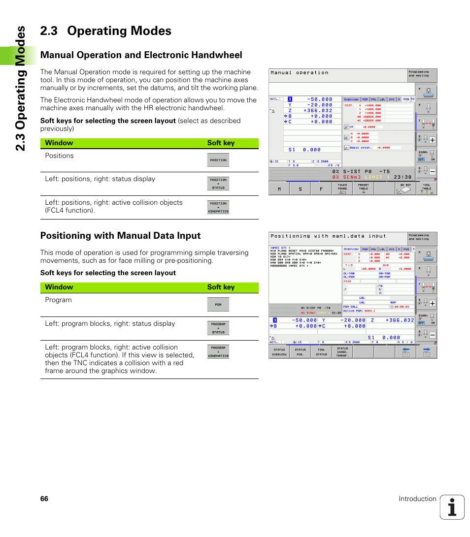 3 operating modes, Manual operation and electronic handwheel, Positioning with manual data input | 3 oper ating modes 2.3 operating modes | HEIDENHAIN iTNC 530 (606 42x-01) ISO programming User Manual | Page 66 / 618