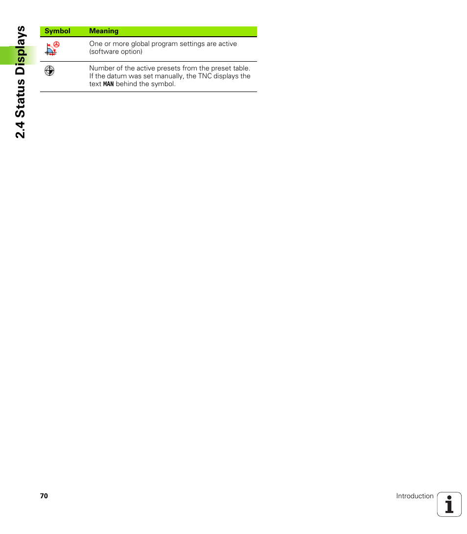 4 stat us displa ys | HEIDENHAIN iTNC 530 (606 42x-01) ISO programming User Manual | Page 70 / 618