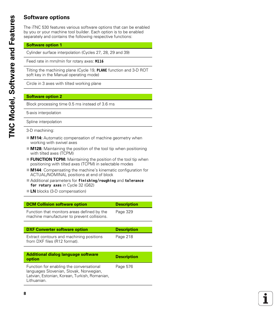 Software options, Tnc model, sof tw a re and f eat ur es | HEIDENHAIN iTNC 530 (606 42x-01) ISO programming User Manual | Page 8 / 618