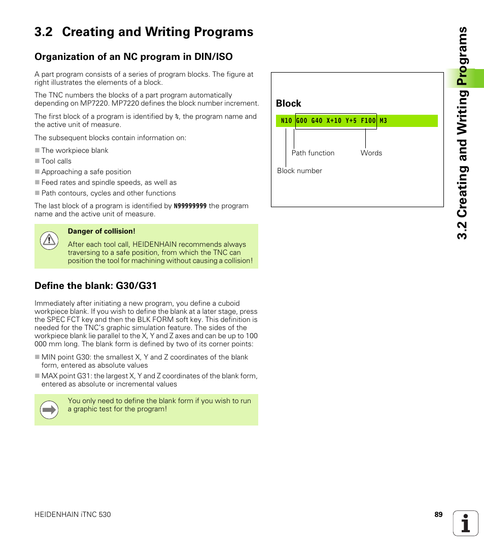 2 creating and writing programs, Organization of an nc program in din/iso, Define the blank: g30/g31 | HEIDENHAIN iTNC 530 (606 42x-01) ISO programming User Manual | Page 89 / 618