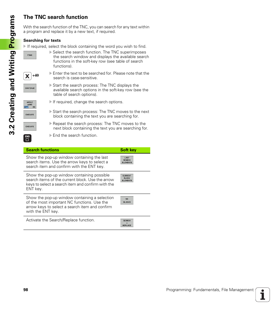 The tnc search function, 2 cr eating and w riting pr ogr a ms | HEIDENHAIN iTNC 530 (606 42x-01) ISO programming User Manual | Page 98 / 618