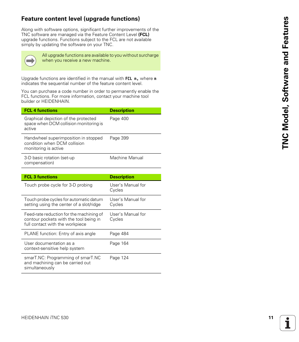 Feature content level (upgrade functions), Tnc model, sof tw a re and f eat ur es | HEIDENHAIN iTNC 530 (606 42x-02) User Manual | Page 11 / 725