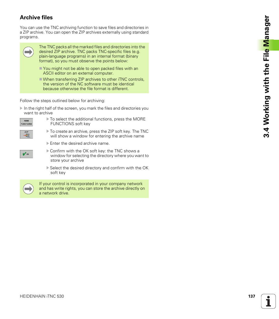 Archive files, 4 w o rk ing with the file manag e r | HEIDENHAIN iTNC 530 (606 42x-02) User Manual | Page 137 / 725