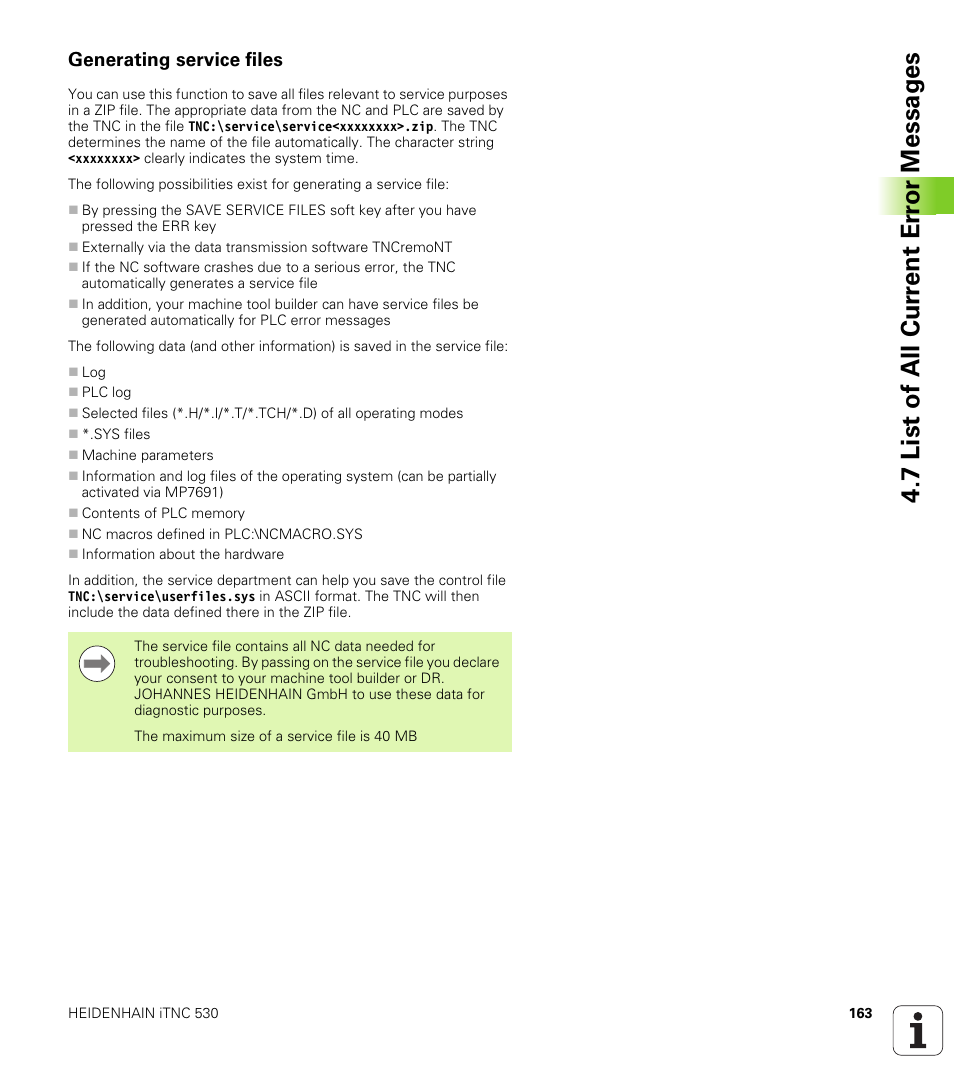Generating service files, 7 list of all cur rent er ro r messag es | HEIDENHAIN iTNC 530 (606 42x-02) User Manual | Page 163 / 725