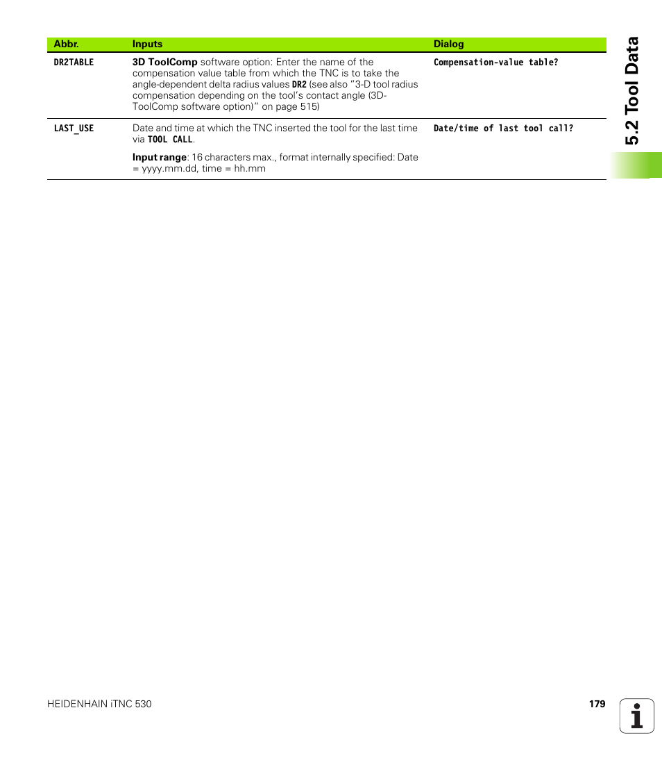 2 t ool d a ta | HEIDENHAIN iTNC 530 (606 42x-02) User Manual | Page 179 / 725