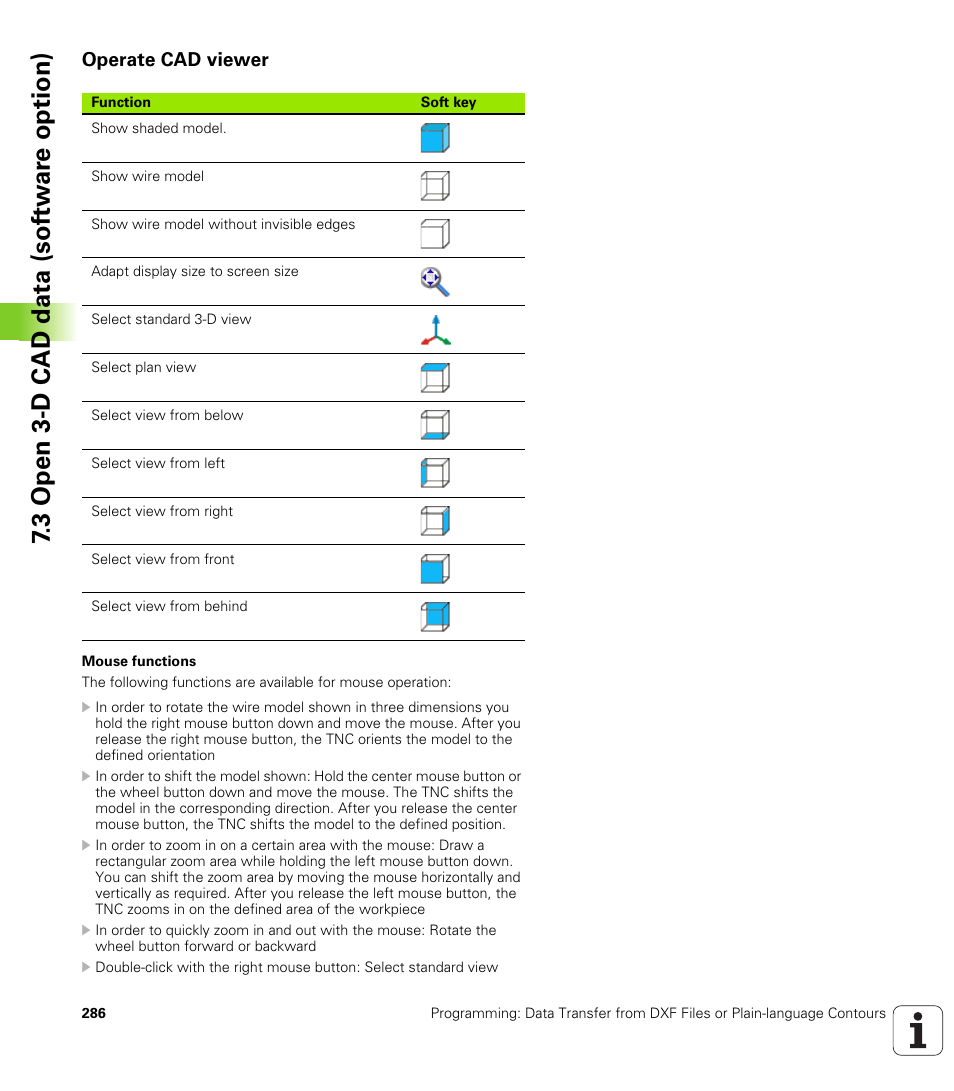 Operate cad viewer, 3 open 3-d cad data (sof tw ar e option) | HEIDENHAIN iTNC 530 (606 42x-02) User Manual | Page 286 / 725