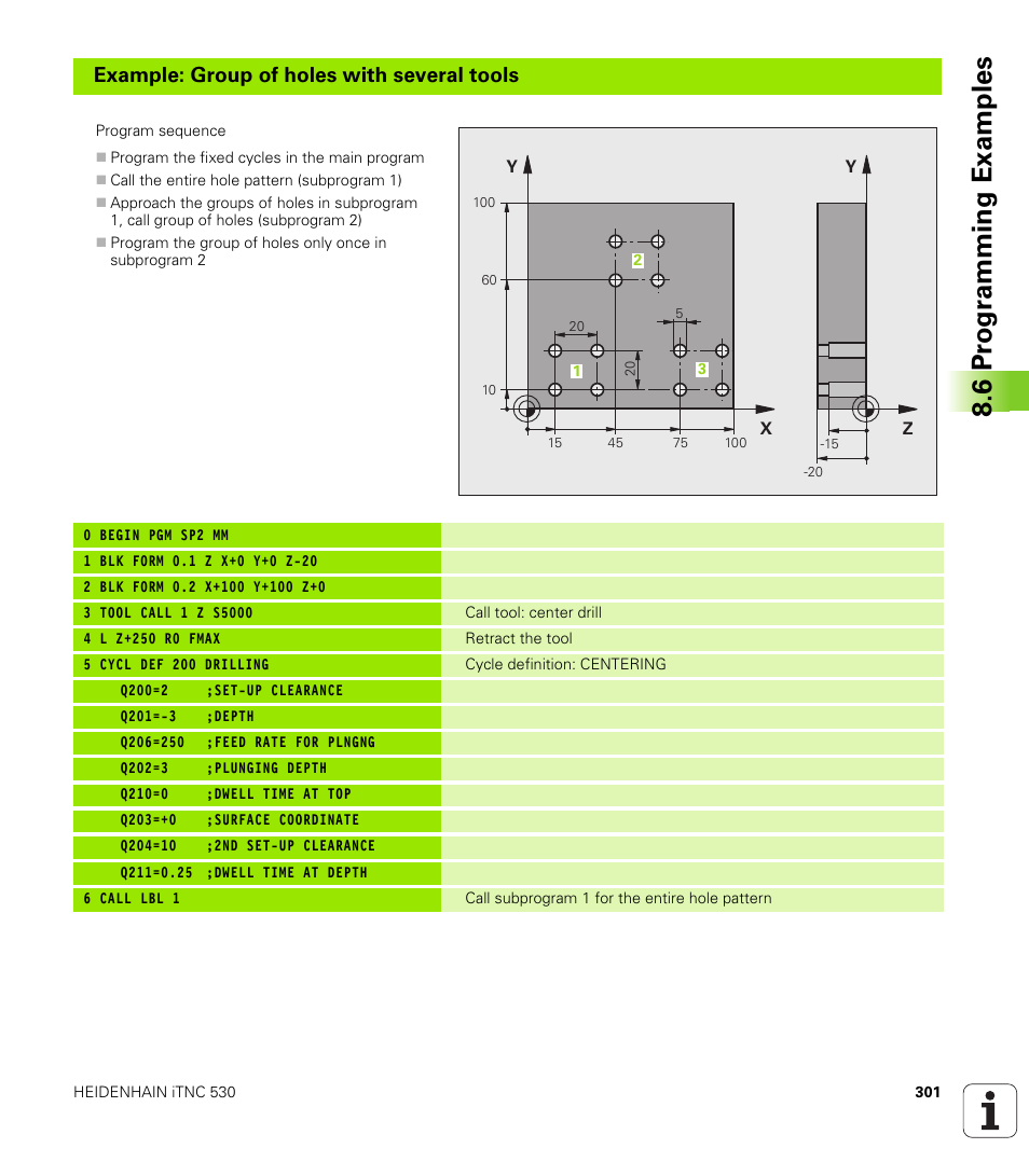 6 pr ogr amming examples, Example: group of holes with several tools | HEIDENHAIN iTNC 530 (606 42x-02) User Manual | Page 301 / 725