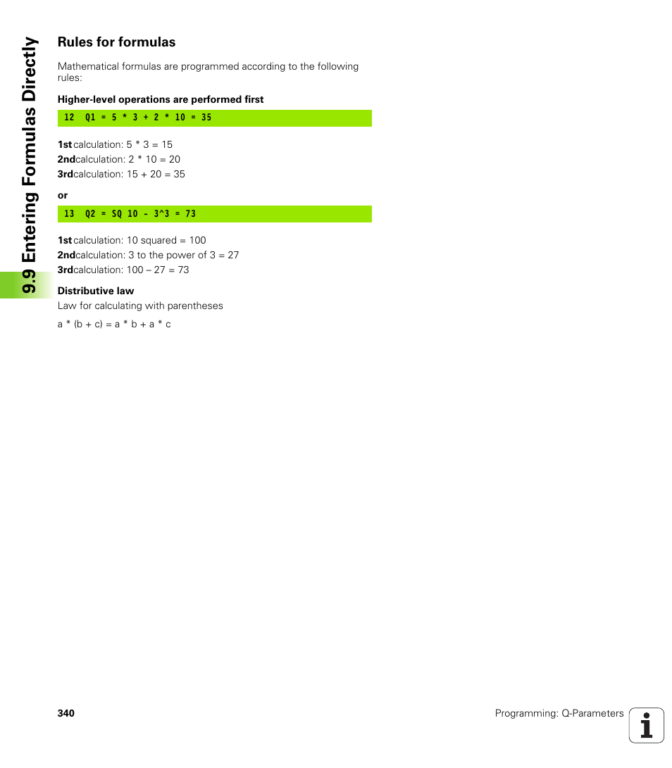 Rules for formulas, 9 ent er ing f o rm ulas dir e ctly | HEIDENHAIN iTNC 530 (606 42x-02) User Manual | Page 340 / 725