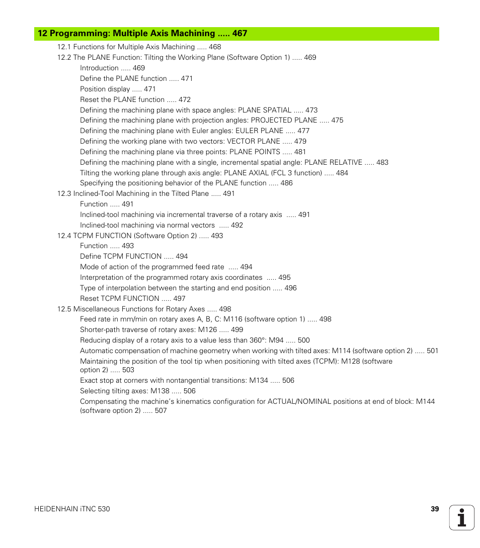 12 programming: multiple axis machining | HEIDENHAIN iTNC 530 (606 42x-02) User Manual | Page 39 / 725