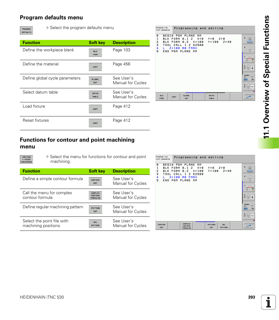 Program defaults menu, Functions for contour and point machining menu, 1 ov erview of special f unctions | HEIDENHAIN iTNC 530 (606 42x-02) User Manual | Page 393 / 725