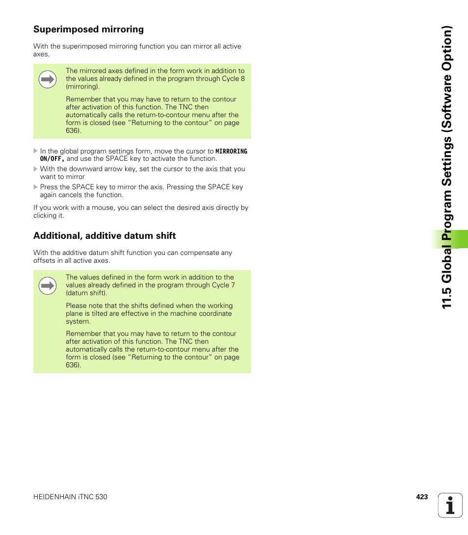 Superimposed mirroring, Additional, additive datum shift, 5 global pr ogr a m set tings (sof tw ar e option) | HEIDENHAIN iTNC 530 (606 42x-02) User Manual | Page 423 / 725