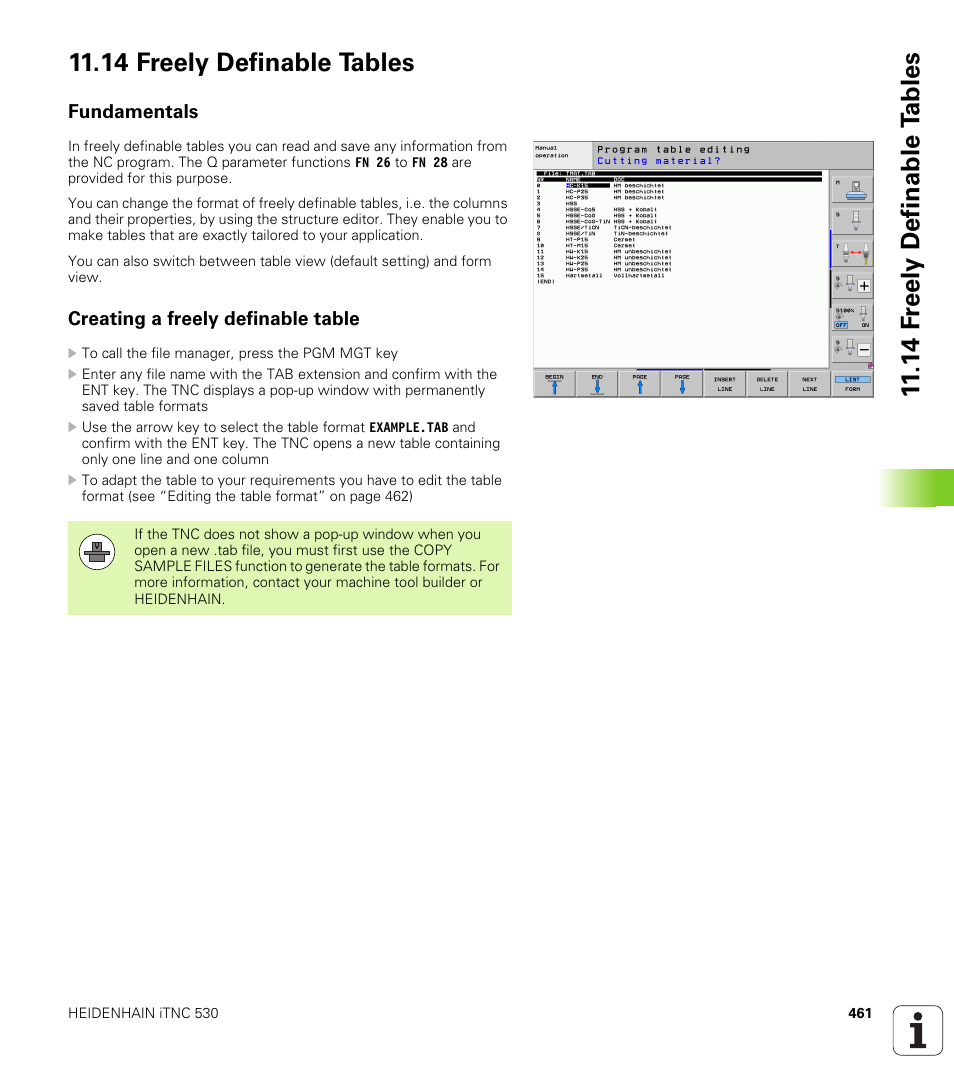 14 freely definable tables, Fundamentals, Creating a freely definable table | HEIDENHAIN iTNC 530 (606 42x-02) User Manual | Page 461 / 725