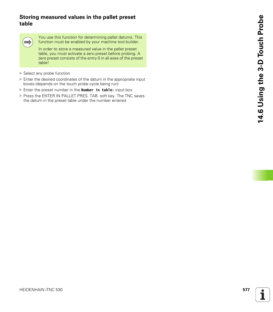 Storing measured values in the pallet preset table, 6 using the 3-d t o uc h pr obe | HEIDENHAIN iTNC 530 (606 42x-02) User Manual | Page 577 / 725