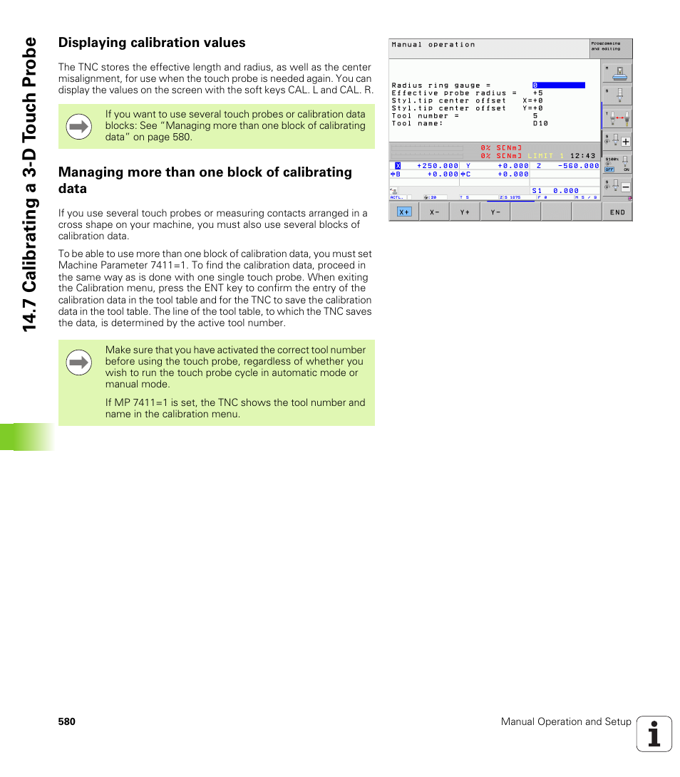 Displaying calibration values, Managing more than one block of calibrating data, 7 calibr a ting a 3-d t o uc h pr obe | HEIDENHAIN iTNC 530 (606 42x-02) User Manual | Page 580 / 725