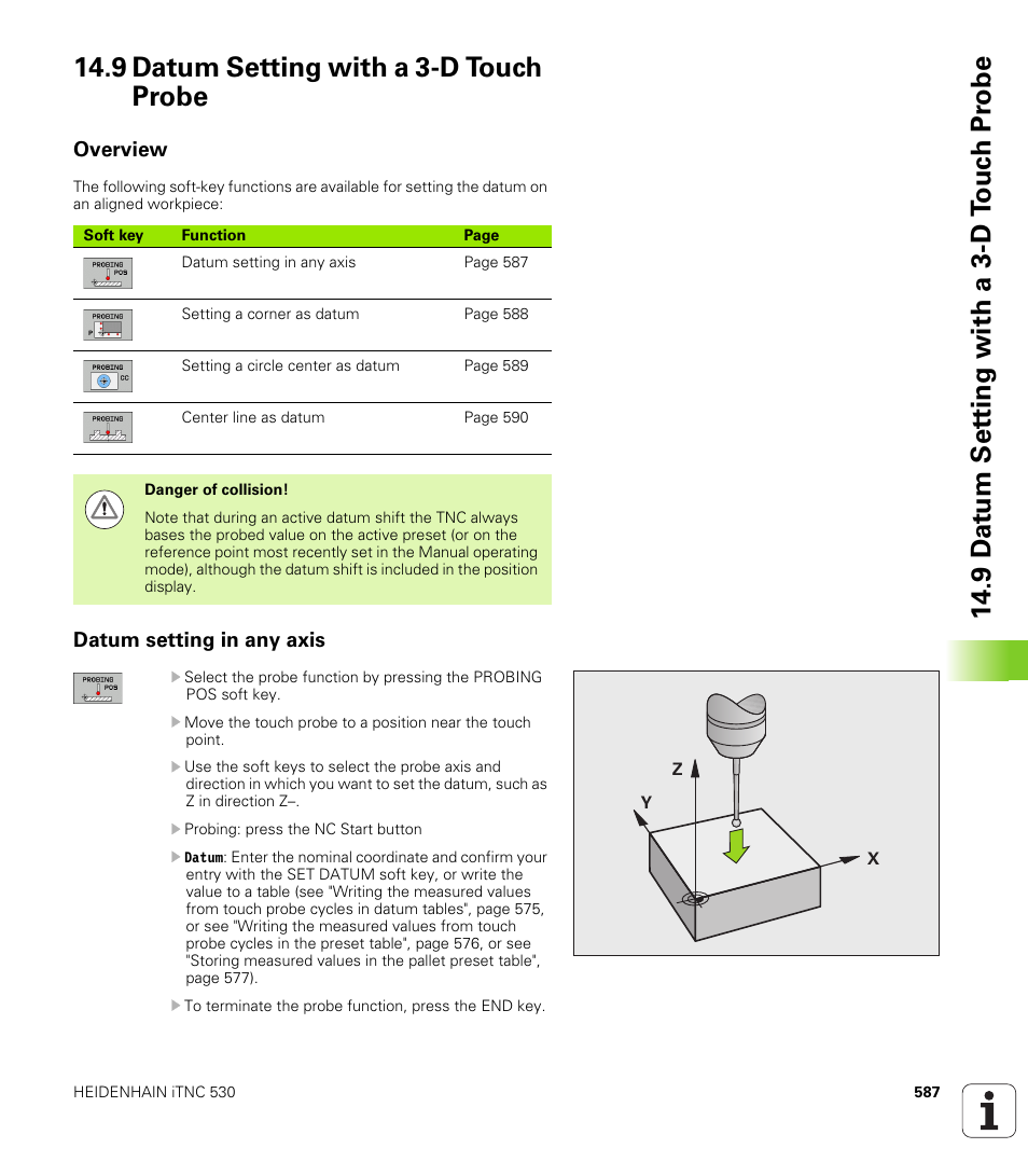 9 datum setting with a 3-d touch probe, Overview, Datum setting in any axis | HEIDENHAIN iTNC 530 (606 42x-02) User Manual | Page 587 / 725