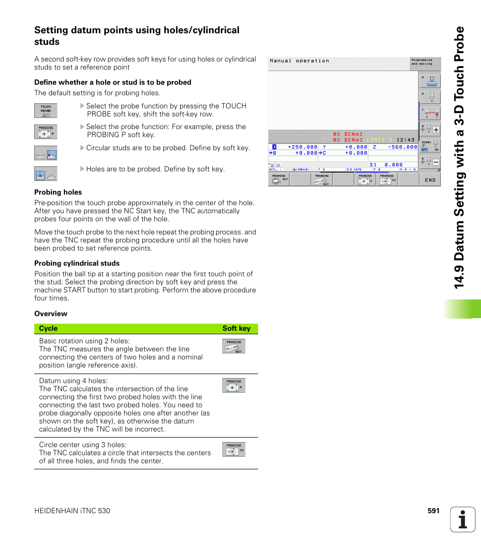 Setting datum points using holes/cylindrical studs, 9 d a tu m set ting with a 3-d t o uc h pr obe | HEIDENHAIN iTNC 530 (606 42x-02) User Manual | Page 591 / 725
