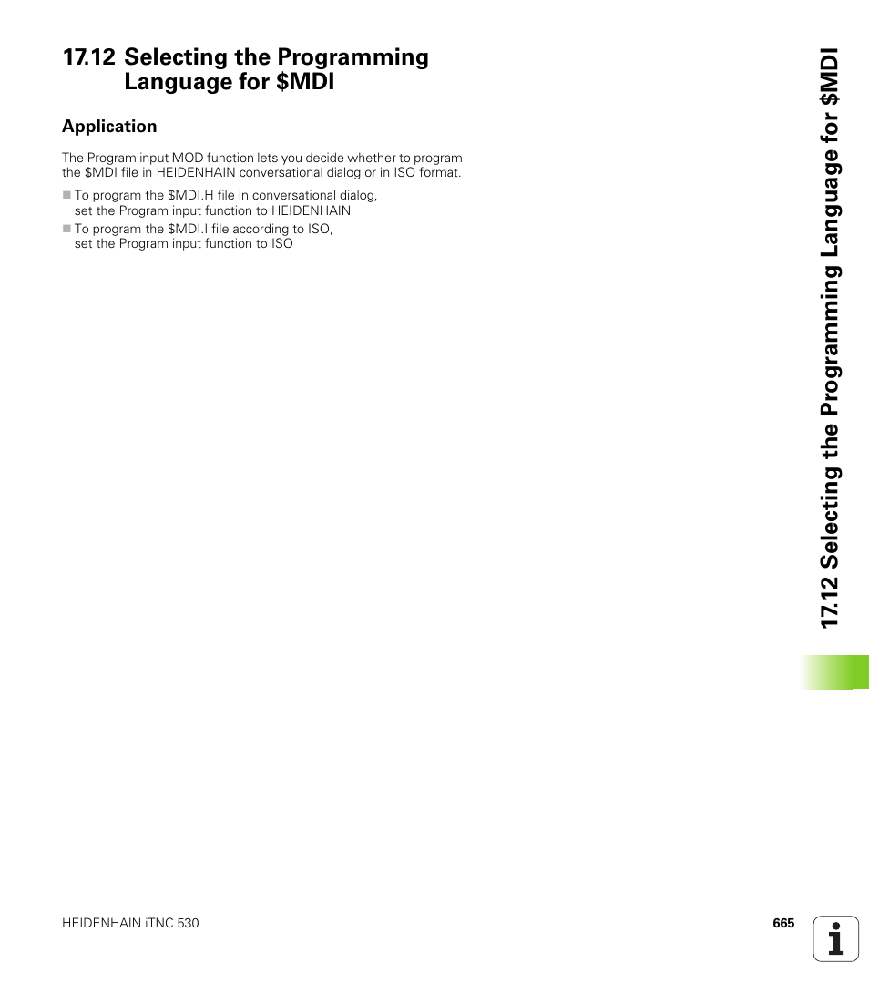 12 selecting the programming language for $mdi, Application | HEIDENHAIN iTNC 530 (606 42x-02) User Manual | Page 665 / 725