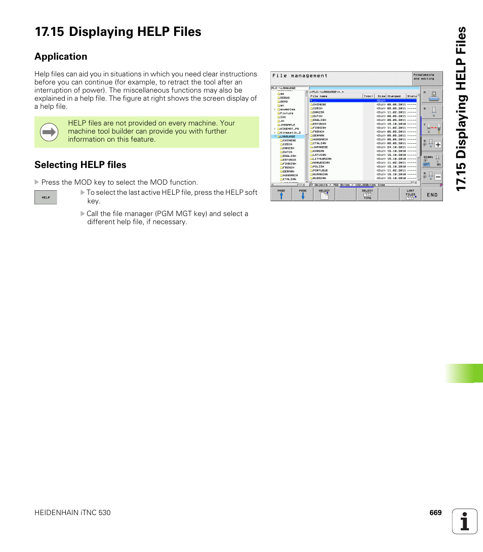 15 displaying help files, Application, Selecting help files | HEIDENHAIN iTNC 530 (606 42x-02) User Manual | Page 669 / 725