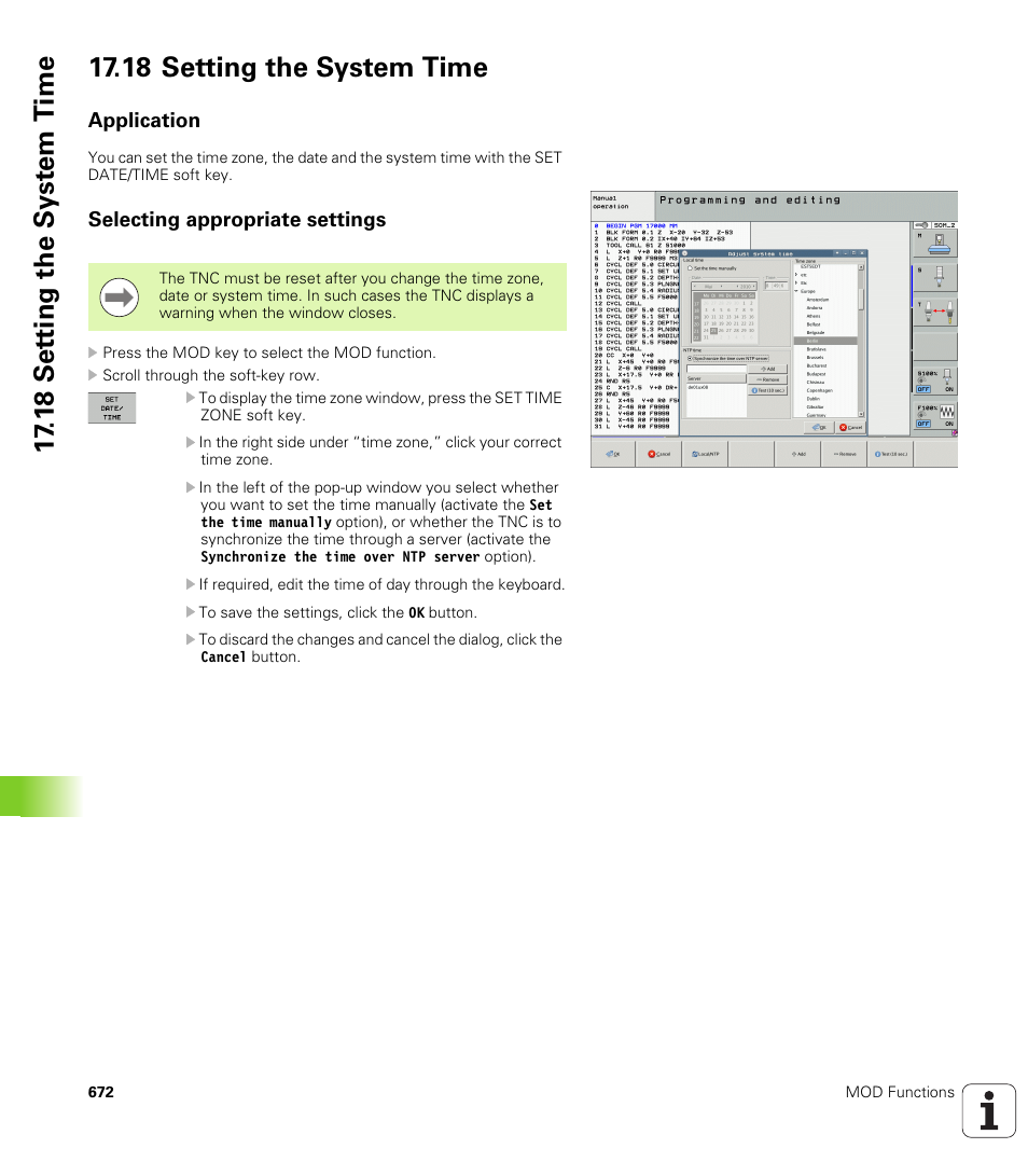 18 setting the system time, Application, Selecting appropriate settings | HEIDENHAIN iTNC 530 (606 42x-02) User Manual | Page 672 / 725