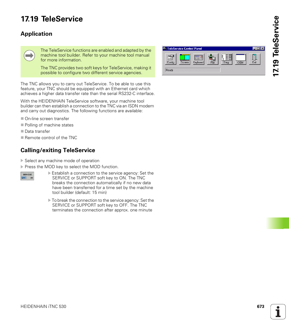 19 teleservice, Application, Calling/exiting teleservice | HEIDENHAIN iTNC 530 (606 42x-02) User Manual | Page 673 / 725