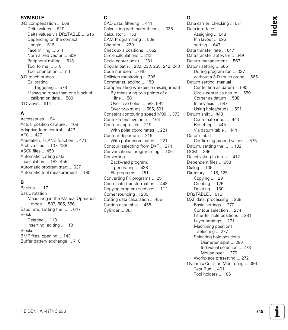 Index | HEIDENHAIN iTNC 530 (606 42x-02) User Manual | Page 719 / 725