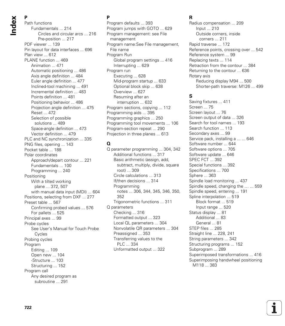 Index | HEIDENHAIN iTNC 530 (606 42x-02) User Manual | Page 722 / 725