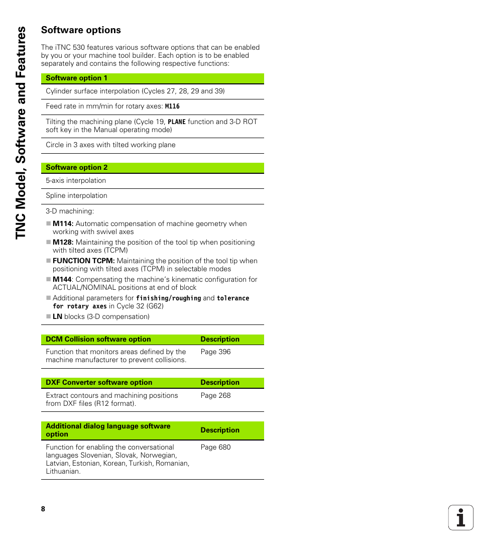 Software options, Tnc model, sof tw a re and f eat ur es | HEIDENHAIN iTNC 530 (606 42x-02) User Manual | Page 8 / 725