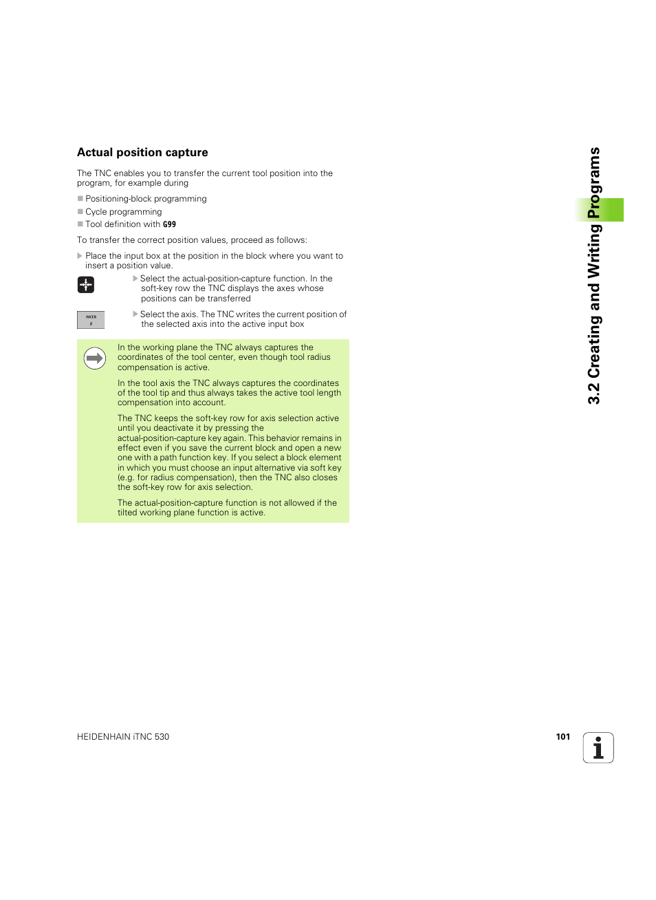 Actual position capture, 2 cr eating and w riting pr ogr a ms | HEIDENHAIN iTNC 530 (606 42x-02) ISO programming User Manual | Page 101 / 648